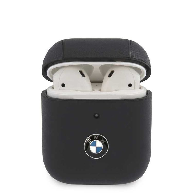 جراب جلدي أصلي من CG Mobile لسماعات AirPods 1 و2، مجموعة BMW Signature، شعار معدني أسود، مقاوم للغبار والخدش - أزرق داكن