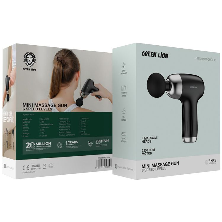 Green Lion Mini Massage Gun with 4 Massage Heads & 6 Speed Levels, ABS Material, Up to 2 Hours Working Time, Auto Shut-Off Function, 1200-3200 RPM Range, 24W Power, Brushed Motor, 1200mAh Battery - Black