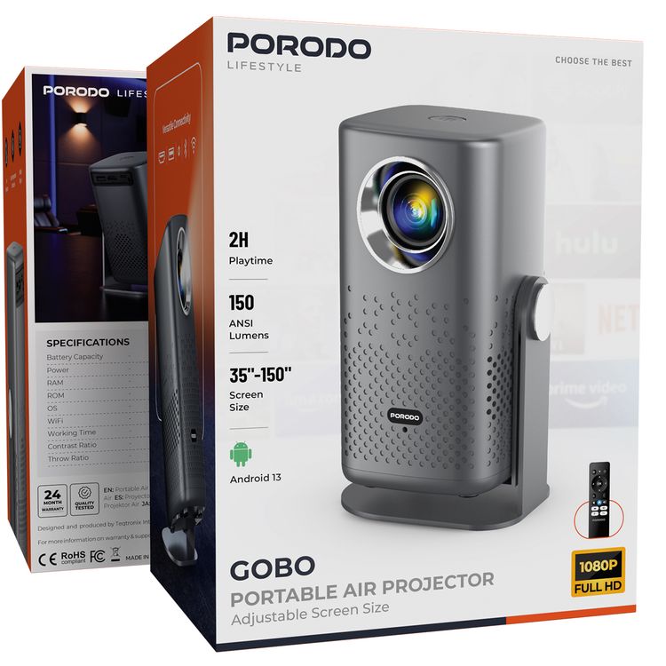 Porodo Lifestyle Gobo Portable Air Projector with Adjustable Screen Size, 2 Hours Playtime, 150 ANSI Lumens, 35” – 150” Adjustable Screen Size, Over Temperature Protection, Media Player, Air Projection, 1080P Full HD, 2 Hours Working Time - Gray