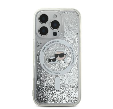 Karl Lagerfeld Magsafe Liquid Glitter Hard Case with Karl & Choupette Head for iPhone 16 Pro Max, Drop Protection, Shock Absorption, Precision Cutouts, Sparkling Glitter Design - Transparent