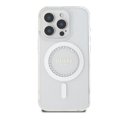GUESS MagSafe IML Hard Case with Rhinestones Design for iPhone 16 Pro, Easy Snap-On, Drop Protection, Slim Profile - White