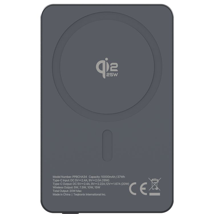 Powerology 10000mAh Blanc 25 MagSafe Power Bank with Compact Design, Simultaneous Charging, USB-C Charging Port , 30cm USB-C Cable, Wireless Charging Pad - Gray