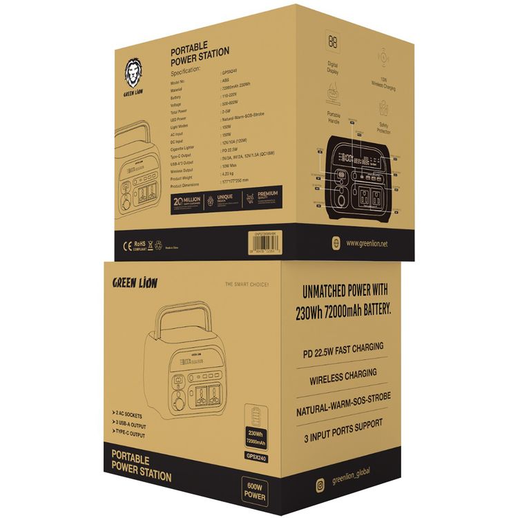 Green Lion Portable 72000mAh Power Station with Up to 600W of Power, PD 22.5W Output, Natural, Warm, SOS & Strobe Light Modes, Digital Display - Black