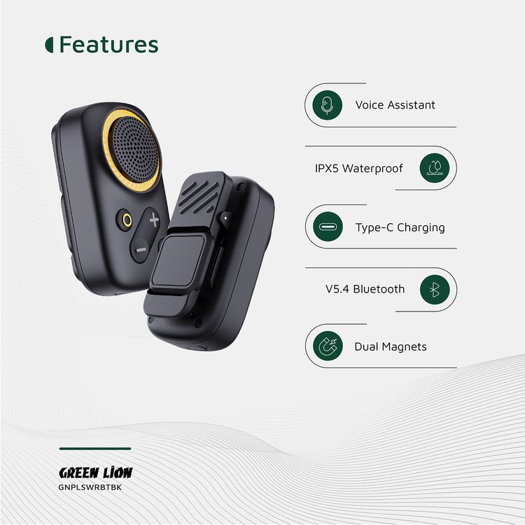 Green Lion Pulse Wear Bluetooth Speaker with Built-in Microphone, 8 Hours Play Time & 2 Hours Recharge Time, Wearable Design, Voice Assistant, 10m Transmission Range, Type-C Charging Port, Dual Magnets - Black
