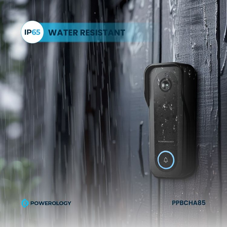 Powerology Smart Camera Doorbell with 3MP Camera Resolution, 5200mAh Battery Capacity, 9 Hours Charging Time, 3 to 8 Months Battery Life, Two-Way Audio, Night Vision - Black