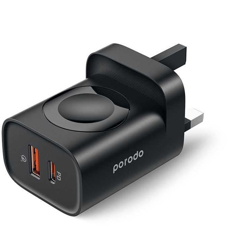 Porodo Dual Port Multi-Device Wall Charger with Integrated Watch Charger - Black