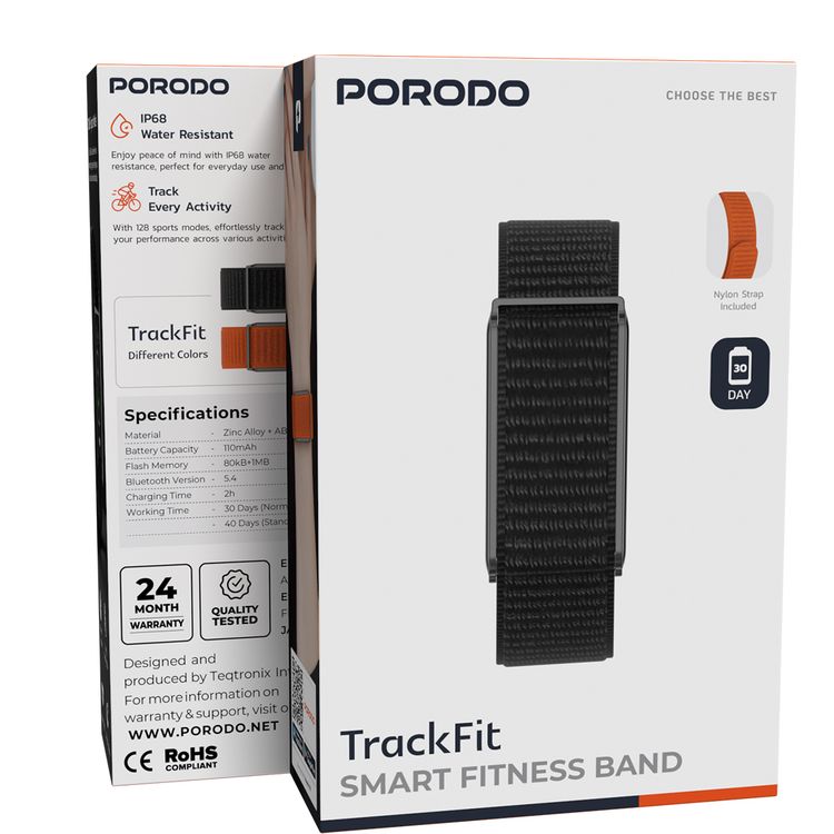 Porodo TrackFit Smart Fitness Band with 30 Days Working Time, 110mAh Battery, Bluetooth Version 5.4, Health Monitoring, Activity Tracking, Compatible with Android 8.0+ & iOS 12.0+, Sleep Analysis - Black