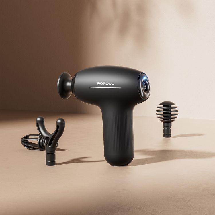 Porodo Lifestyle Cordless Mini Massage Gun with 4 Interchangeable Heads, 5 Speed Levels, Type-C Charging Interface, 3.5 Hours Recharge Time, 3 Hours Working Time, 1300mAh Battery Capacity, Safety Auto Shut-Off - Black