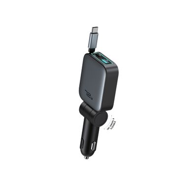 Green Lion Retractable 72W Car Charger with Soft Ambient LED, USB-A & USB-C Output Ports, Flexible & Adjustable, Safety Protection, PD 45W, 80cm Retractable USB-C Cable, ABS + Flame Retardant PC Material - Gray