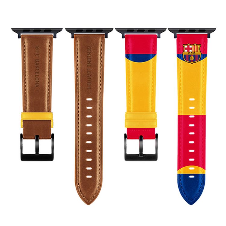 سوار جلدي حقيقي لنادي برشلونة لساعة أبل 49مم، مصنوع يدويًا من مواد فاخرة، لطيف للبشرة، نوع إغلاق بدبوس وطي، متين وناعم - حقل متعدد الألوان.