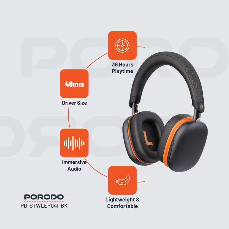 Porodo Soundtec Vibe Wireless Headphones with 36 Hours Play Time, Bluetooth Version 5.3, 2.5 Hours Charging Time, Type-C Charging Port - Black