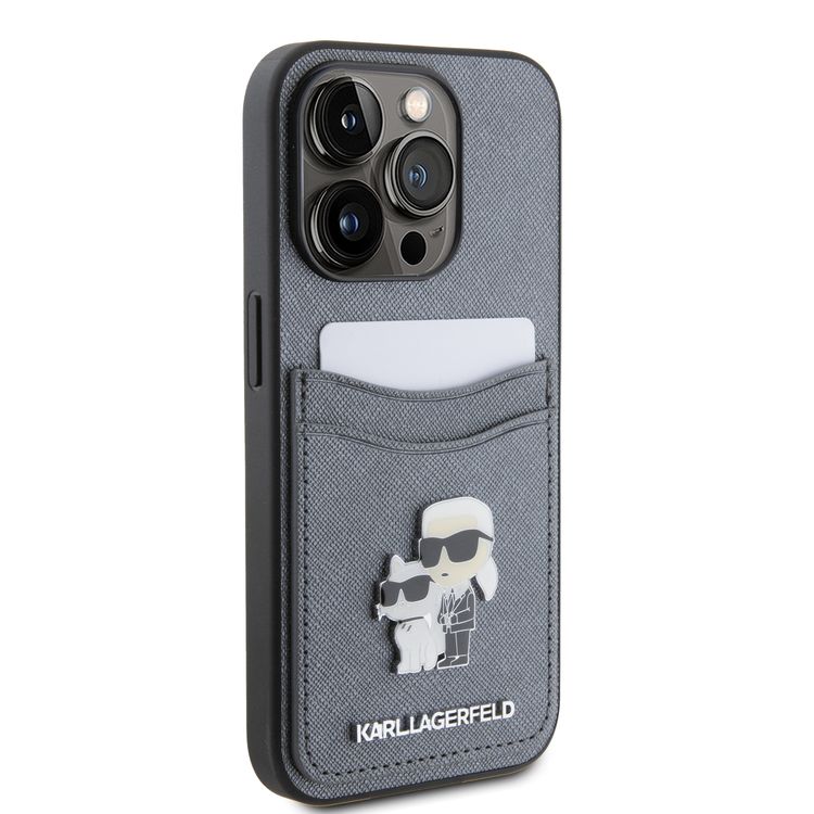 Karl Lagerfeld Saffiano Case with Cardslots and Karl Legerfeld Choupette Heads Metal Pin - Grey - iPhone 15 Pro Max