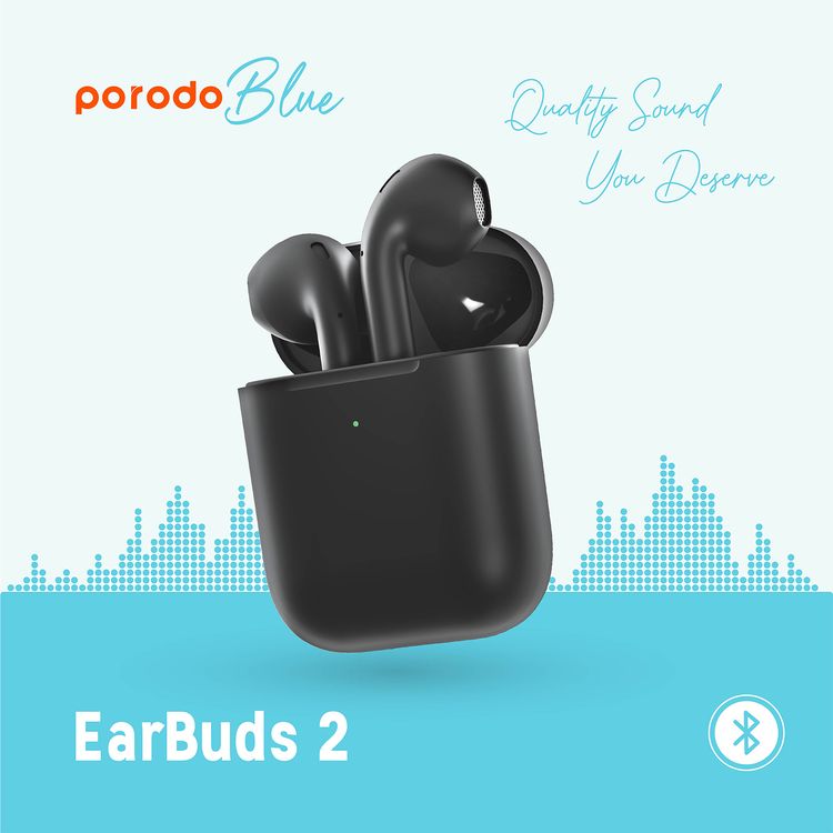 Porodo Blue Deep Bass Wireless Earbuds 2, One-Step Pairing, Comfortable Fit, Independent Earbuds, Touch Control, Deep Bass - Black