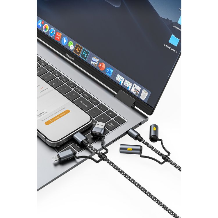 Green Lion 6-in-1 Charging Cable with 1.2m Cable Length, LED Light, Ignition, PD 60W, Charge & Sync, Steady - SOS Light Modes - Gray