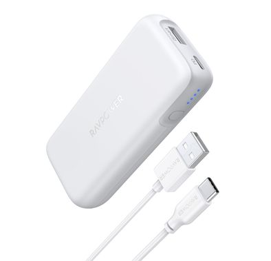 راف باور 2 منفذ بي دي باور بانك محمول 10000 مللي أمبير 29 واط شحن سريع ، منفذ يو تس بي سي بي دي ومنفذ يو اس بي - ا ، شاحن محمول صغير الحجم ، طاقة هائلة ، باور بانك للحماية من الحرارة الزائدة - أبيض
