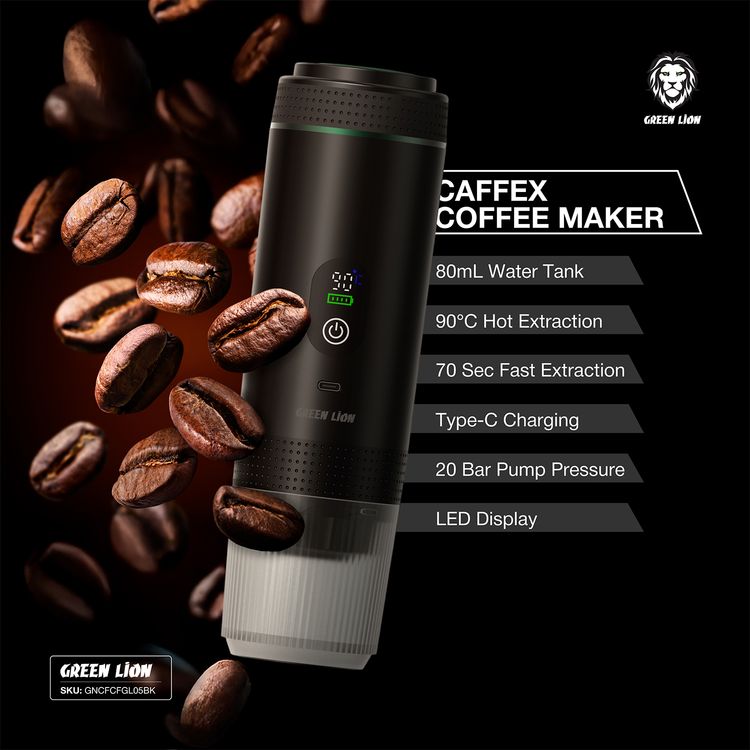 آلة صنع القهوة جرين ليون CAFFEX بقدرة 72 واط، خزان مياه بسعة 80 مل، استخراج ساخن بدرجة حرارة 90°C، استخراج سريع في 70 ثانية، شحن عبر Type-C، سعة البطارية 7500 مللي أمبير - أسود