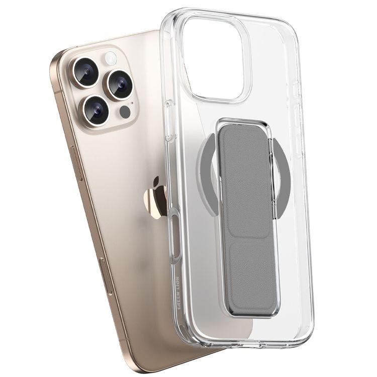 Green Lion MagSafe Leather Grip For iPhone 16 Pro, Crystal Clear, Foldable Stand, Dual-Sided Magnetic Snap, Military Grade Protection, Scratch Resistance - Gray