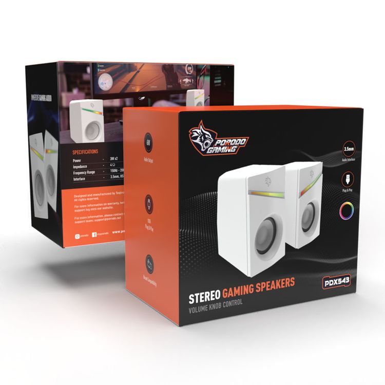  Porodo Gaming Stereo Speakers with Volume Knob Control, Broad Compatibility, Plug & Play, 6W Audio Output, 3.5mm  Audio Interface, 7 Colors Rainbow Lighting - White