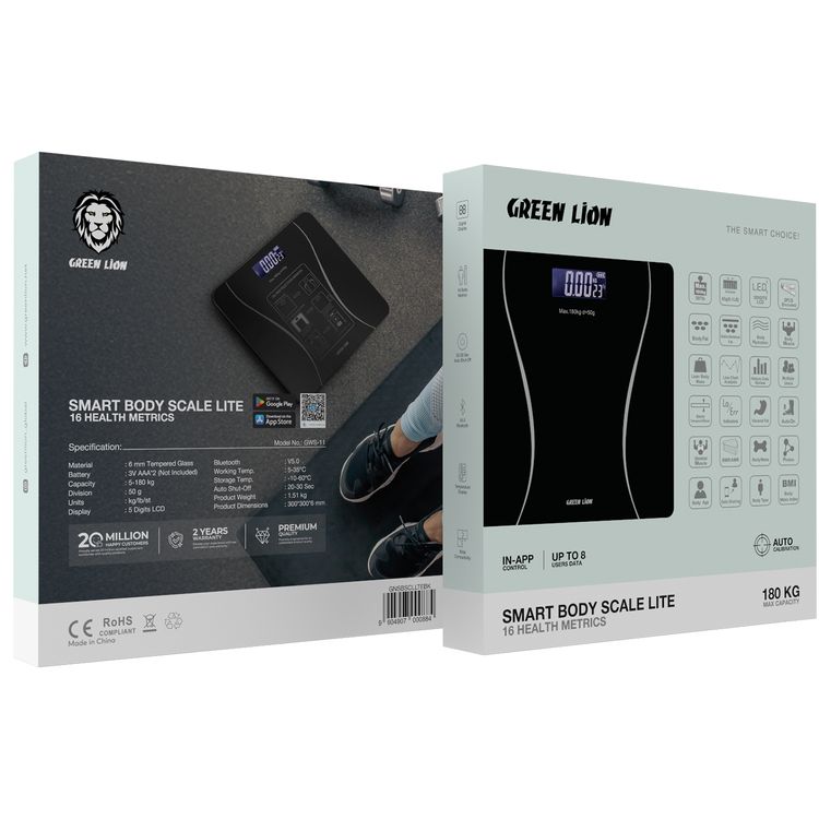 Green Lion Smart Body Scale Lite with 16 Health Metrics, 5-180kg Capacity, 50g Division, LCD Digital Display with 5 Digits, Up to 8 Users Supported, Bluetooth Version 5.0 & App Control - Black