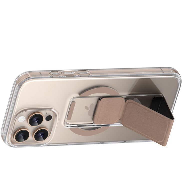 حامل جلدي Green Lion MagSafe لهاتف iPhone 16 Pro Max، شفاف للغاية، حامل قابل للطي، مغناطيس قوي - بني