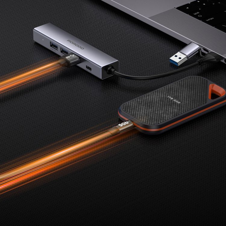 Porodo 5-in-1 Multi-Port Hub with RJ45, USB-C & Triple USB 3.0 Ports, 100W Power Delivery, Aluminum Alloy Housing, Universal Compatibility, Plug & Play Design - Gray