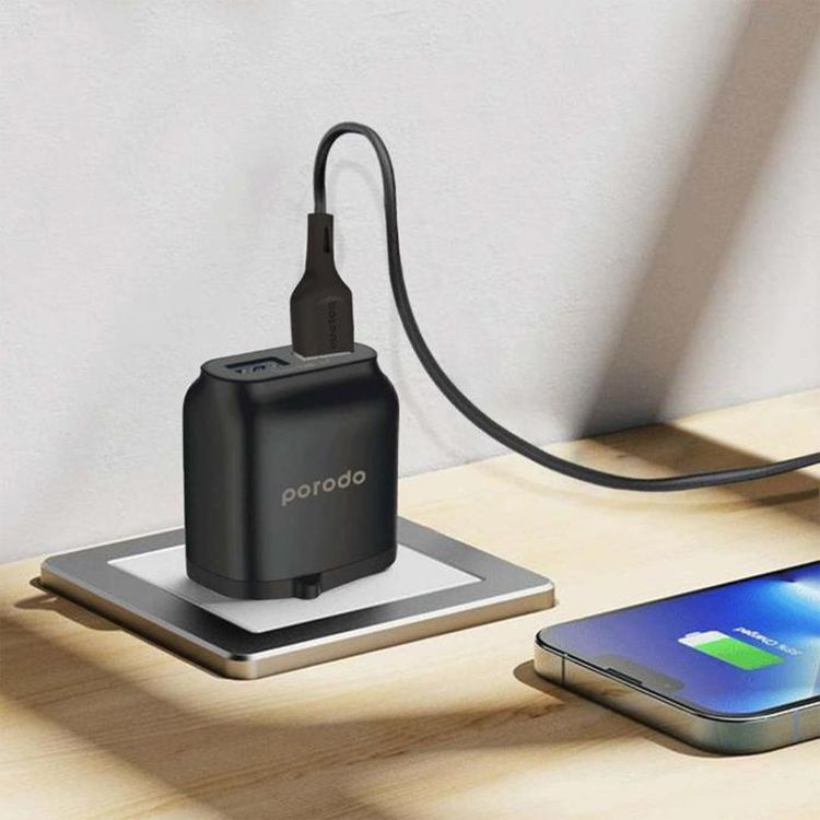 Porodo Dual Port UK Wall Charger with USB-A to Lightning Cable, Fast Charging & Auto ID Support, 2.4A USB-A Current, Fireproof Material, Overheat Protection, Protective Safeguard - Black