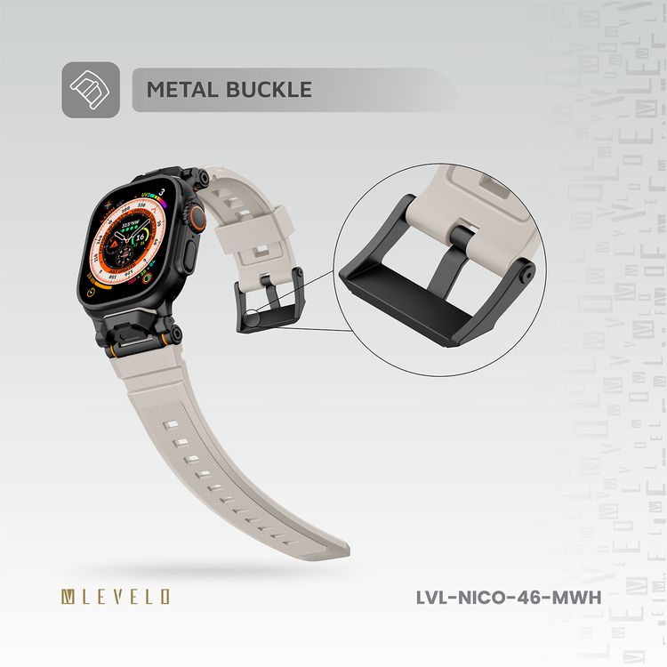 Levelo Nico Watch Strap for Apple Watch 49/46mm with Metal Buckle Closure, Compatible with SE Series 9, 8, 7, 6, 5, Silicone & Stainless Steel Finish, Lightweight & Flexible Fit, Sweat-Resistant & Water-Resistant, Hypoallergenic Material, Extended Band Interaction - Moonlight White