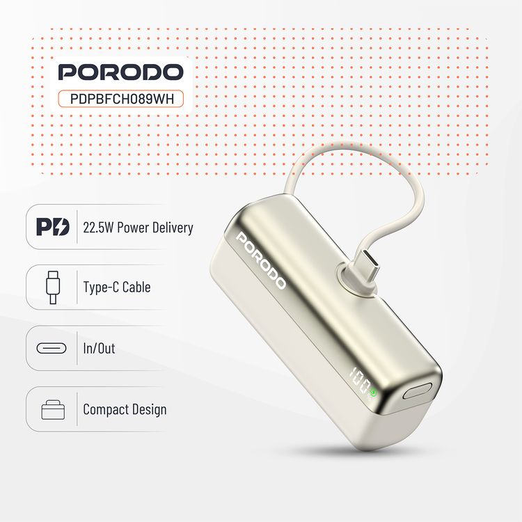 Porodo Pocket Volt 5000mAh Power Bank with Built-in Type-C Connector, 22.5W Power Delivery, Fast Charging Support, Compact Design, 15W Total Output - White