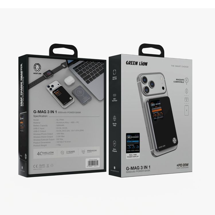 Green Lion G-Mag 3-in-1 Power Bank with 5000mAh Capacity, MagSafe Compatibility, PD 20W Fast Charge, Aluminum Alloy Shell, USB-C Input & Output Port, Ultra-Slim Design, Built-in Safeguards, Real-Time Power Display, Durable Aluminum Alloy + ABS + PC Material - Black