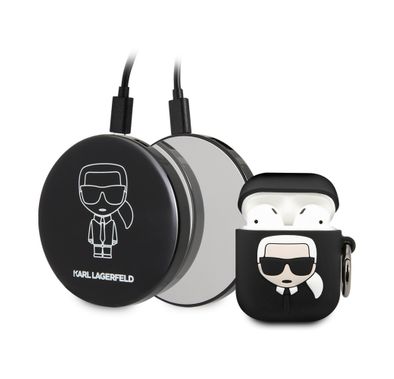 Karl Lagerfeld Bundle Ikonik Silicone Airpods 1/2 Case, high quality silicone,  fits perfectly + Mirror Powerbank 2000mAh, Li-polymer Battery - Black