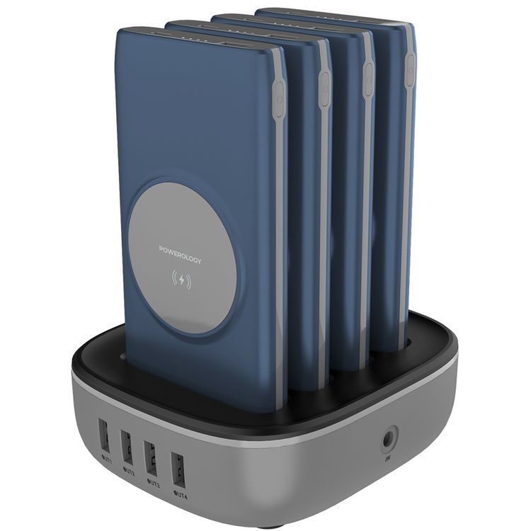 Powerology 4-in-1 10000mAh Power Bank Station with Built-in Lightning/Type-C Cable, 20W Power Delivery, 15W Maximum Wireless Output, UK 3-Pin Power Plug - Blue