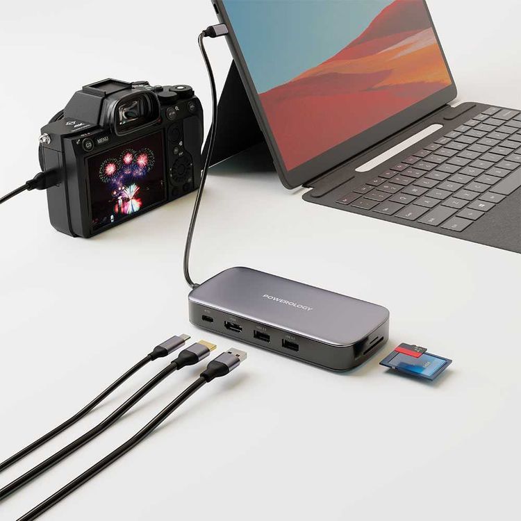 Powerology 512GB USB-C Hub & SSD Drive All in One Storage, 625MB/s Read & Write, 5Gbps Data Transfer, PD 100W - Gray 