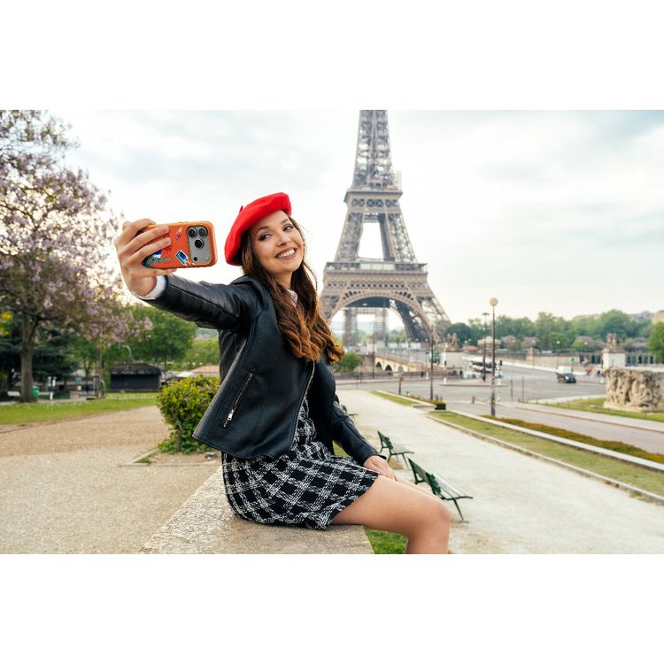 Levelo Vallo PU Leather Case for iPhone 17 Pro with Embroidery Paris Finish, Comfortable Hold, Durable PU Leather, Raised Bezels for Camera and Screen, True Microfiber Interior Lining, Scratch & Wear Resistant, Shock-Resistant Bumper - Sunrise Orange