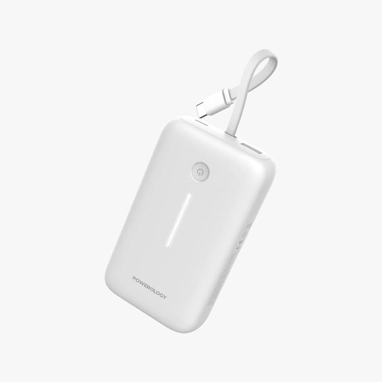 Powerology 20000mAh Power Bank with Detachable USB-C Wire, 30W Power Delivery, 3-Device Charging, Long Time Standby, Universal Phone Compatibility, Built-in Safeguards - White