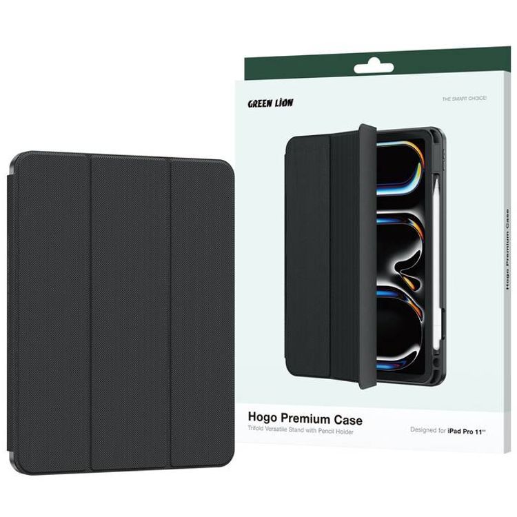 Green Lion Hogo Premium Case with Pencil Holder for iPad Pro 11", Ultra Slim Fit, Stable Tri-Fold Stand, Built-in Pencil Holder, Magnetic Smart Cover, Auto Sleep/Wake - Black