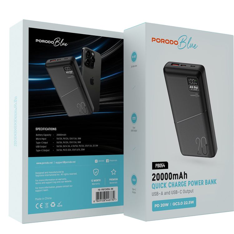 باوردو بلو باور بانك للشحن السريع مع مخرج USB-A وUSB-C، سعة بطارية 20000 مللي أمبير في الساعة، شاشة رقمية، توصيل طاقة 20 وات - أسود