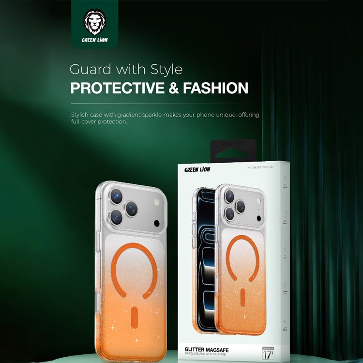 Green Lion Glitter MagSafe Case for iPhone 17 Pro Max, Anti-Fingerprint & Anti-Scratch, Comfortable Grip, Camera Protection, Anti-Yellowing, Ultra-Slim & Lightweight Design - Orange