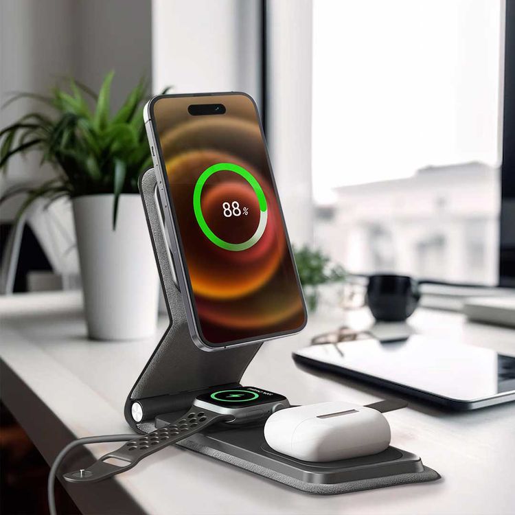 حامل شحن لاسلكي جلدي 3 في 1 من Levelo Arch، تصميم مدمج، شاحن 3 في 1، متوافق مع MagSafe - رمادي