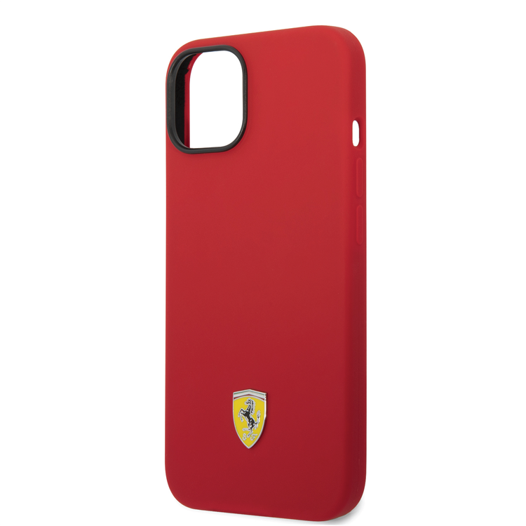 Ferrari Liquid Silicone Case with Black Camera Outline & Metal Logo iPhone 14 Compatibility - Red