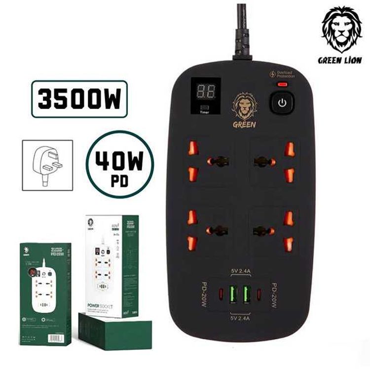 Green Lion Multiport Smart Power Socket, 4 AC Sockets, 2 USB-A & 2 USB-C Ports, 1-24 Hours Timer Function, Over Voltage, Over Current & Over Heat Protection, Power Surge Protection - Black