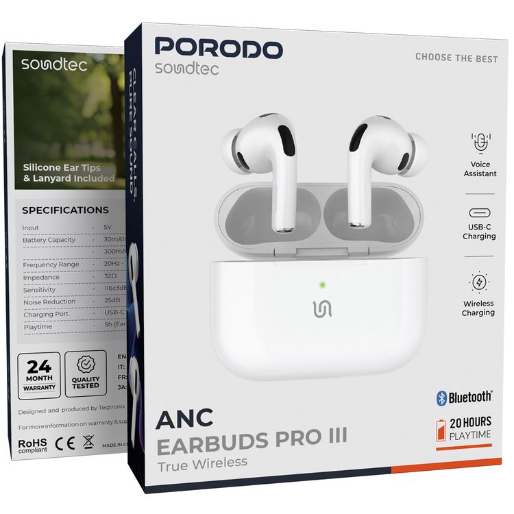 Porodo ANC Earbuds Pro III, 13mm Driver Size, 300mAh Charging Case & 30mAh Earbuds Battery, 25dB Noise Reduction, Voice Assistant, Up to 5 Hours Play Time, 25m Transmission Range - White