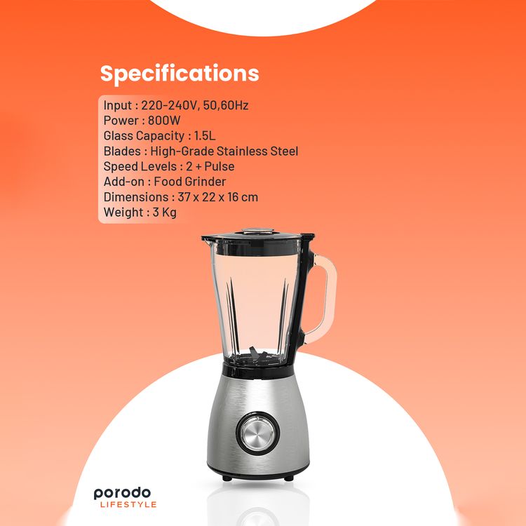 Porodo Lifestyle 800W Blender Grinder, 1.5L Glass Jug, High-Grade Stainless Steel Blades, 2 Speed Levels + Pulse, 2-in-1 Blender + Food Grinder, Durable Aluminum Housing Material – Black