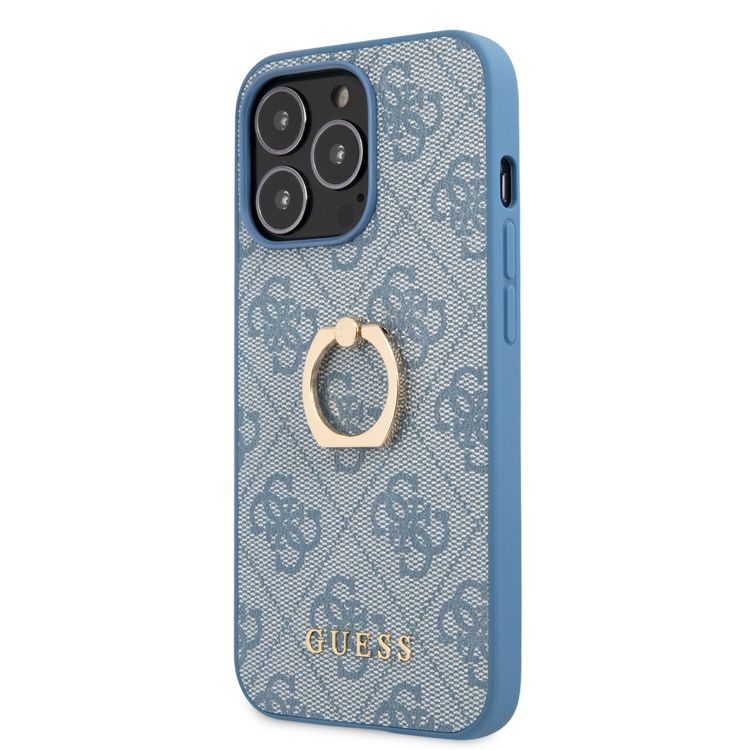 CG MOBILE Guess PU Leather 4G Case with 360° Rotating Ring Grip Holder Stand Compatible for iPhone 13 Pro (6.1") Suitable with Wireless Charging Officially Licensed - Blue