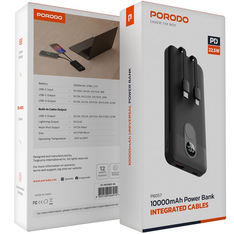 Porodo 10000mAh Power Bank with Built-in Type-C & Lightning Cable, 22.5W Power Delivery, Simultaneous Charging, 0%-60% Charge in 35 Minutes, Digital Display - Black