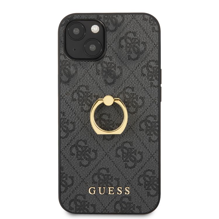 CG MOBILE Guess PU Leather 4G Case with 360° Rotating Ring Grip Holder Stand Compatible for iPhone 13 Mini (5.4") Suitable with Wireless Charging Officially Licensed - Black