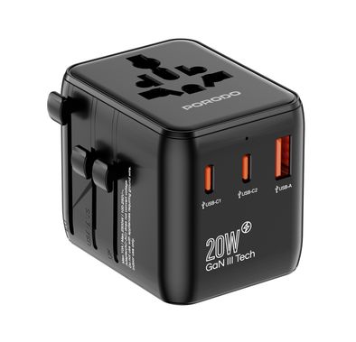 شاحن سريع للسفر من Porodo Universal GaN، منفذين USB-C، منفذ USB-A، يدعم قابس المملكة المتحدة/الاتحاد الأوروبي/الولايات المتحدة وأستراليا، متوافق عالميًا، شحن متزامن - أسود