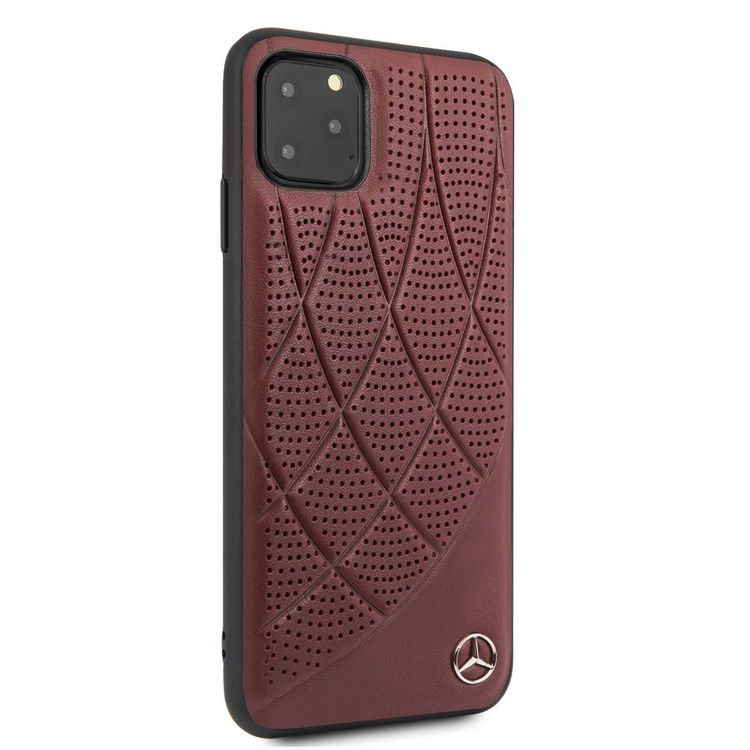 Mercedes-Benz Hard Case Quilted Perforated Genuine Leather For iPhone Pro Max - Burgundy