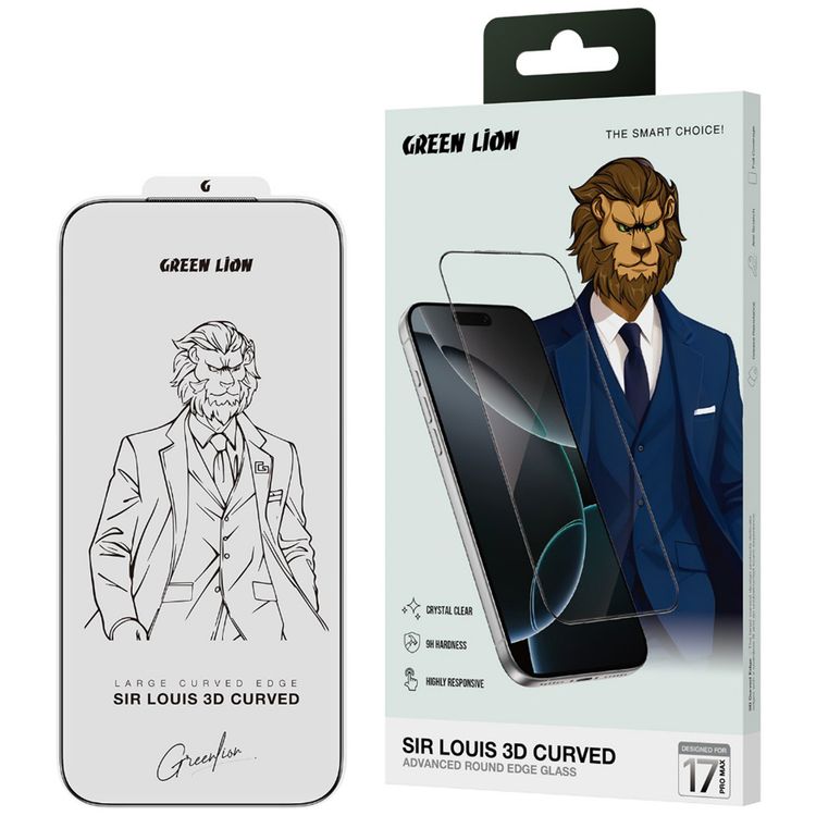 Green Lion Sir Louis 3D Curved Edge Glass for iPhone 17 Pro Max, Grease Resistance, Anti-Fingerprint, Air Bubble Prevention, Anti-Scratch, Crystal Clear, Highly Responsive - Clear