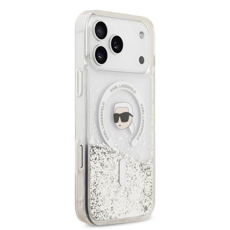 Karl Lagerfeld MagSafe Liquid Glitter Case with Karl Head for iPhone 17 Pro Max, Drop Protection, Easy Snap-On, Slim & Lightweight Design, Sustainable Packaging, Comfortable Grip - Transparent