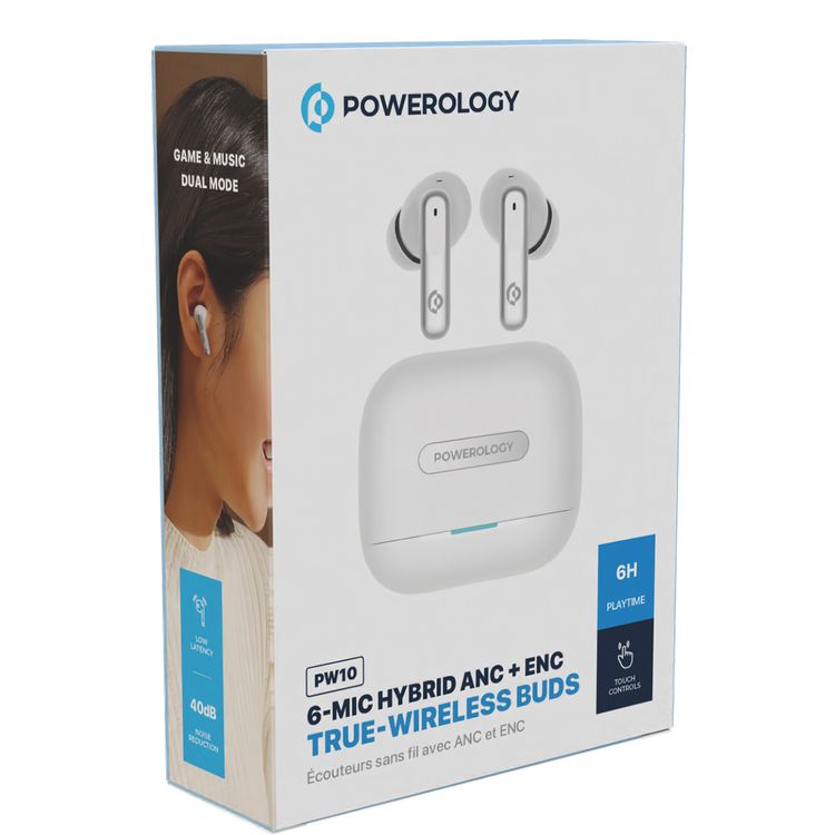 سماعات أذن لاسلكية حقيقية هجينة من Powerology مع ANC + ENC و6 ميكروفونات وبلوتوث الإصدار 5.3 ومنفذ شحن من النوع C - أبيض 